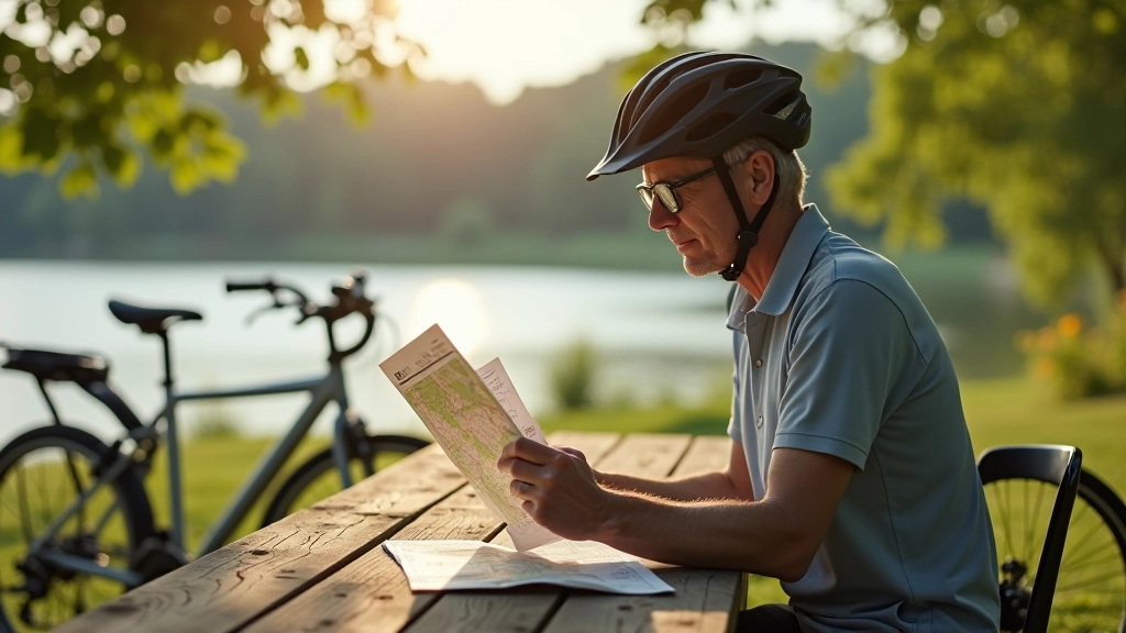 Mature adult cyclist wearing a helmet, ready for a ride